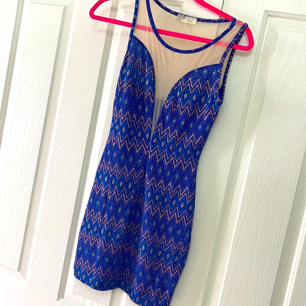 Mini polyester/spandex dress, royal blue/gold SZ S